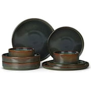 Dinnerware Sets with Pasta Bowls, 8 Piece Ribbed Dinnerware Plates and Bowls Set for 2, Elegant Modern Stoneware Dishes Set for Kitchen Dining, Microwave and Dishwasher Safe, Jungle Green