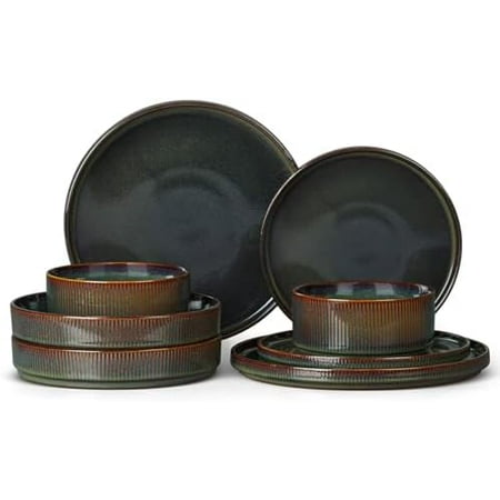 Dinnerware Sets with Pasta Bowls, 8 Piece Ribbed Dinnerware Plates and Bowls Set for 2, Elegant Modern Stoneware Dishes Set for Kitchen Dining, Microwave and Dishwasher Safe, Jungle Green