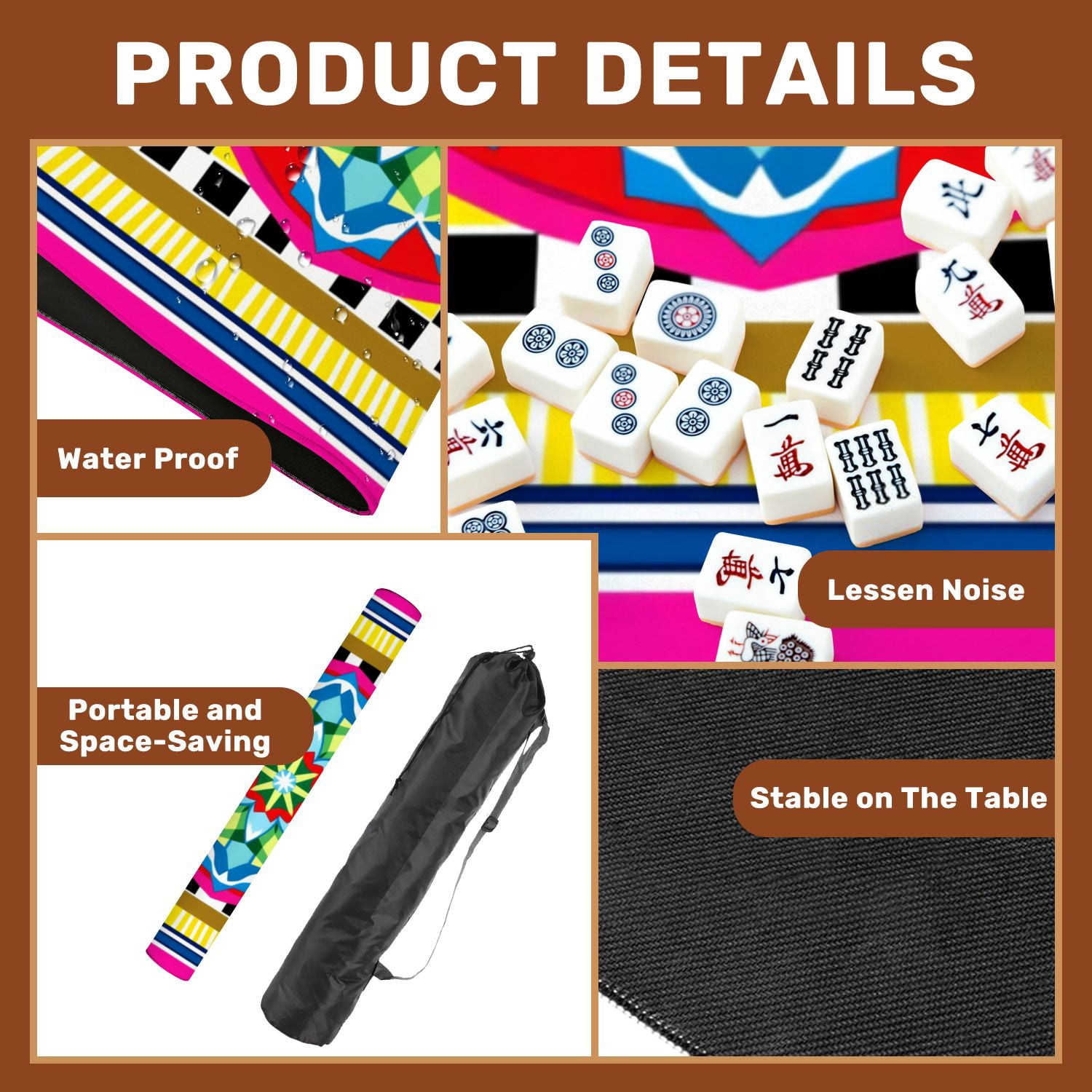 Mahjong Mat 31.5" x 31.5" Vibrant Geometric Mandala Checkerboard Bright Color Borders Non-Slip Noise Reduction American Mahjong Tiles Table Cover for Dominoes Poker Card Board Games Gift