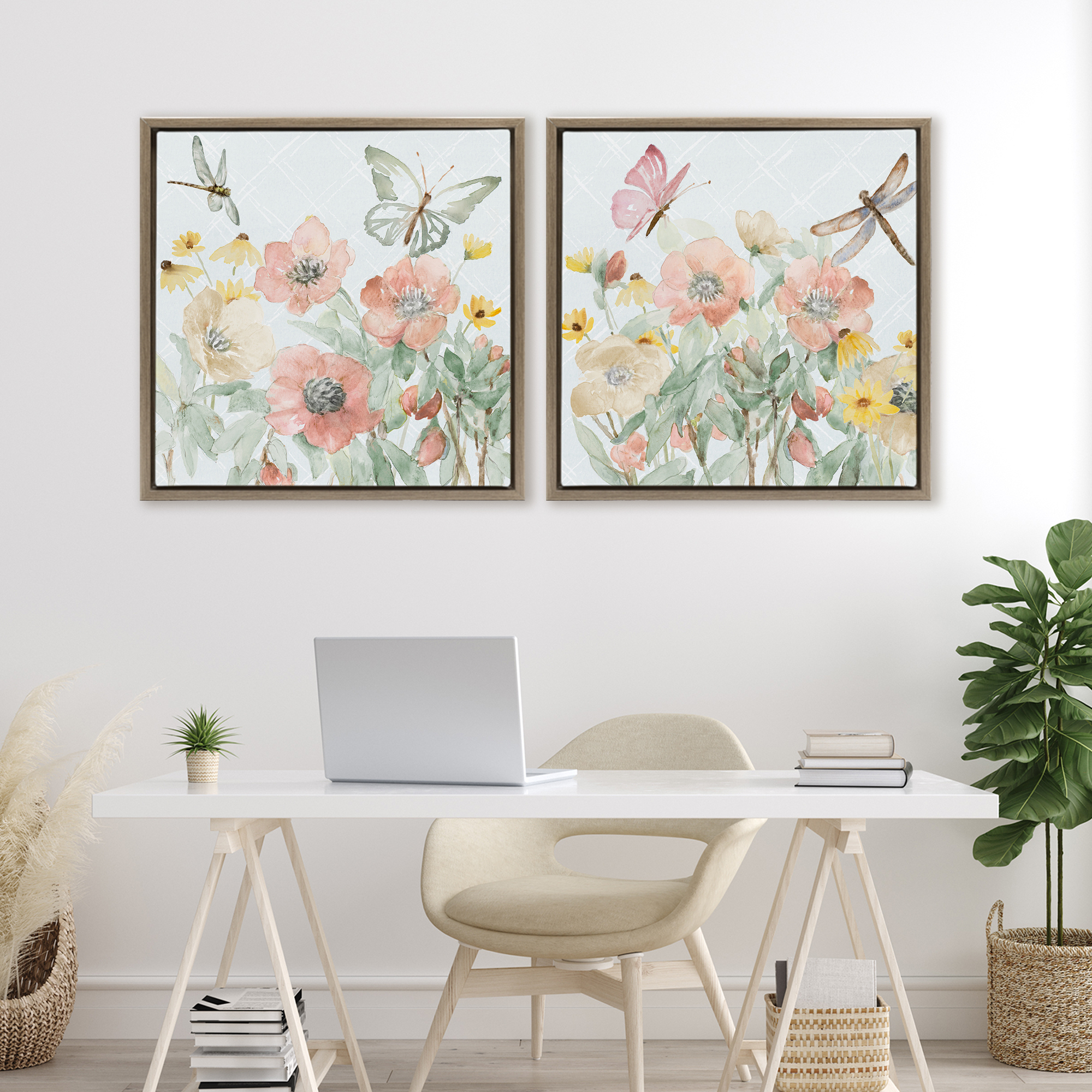 Stupell Industries Delicate Garden Joy 2 Piece Brown Framed Floater Canvas Set, design by Lanie Loreth