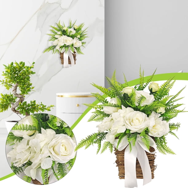 Planta suculenta de hortensia y bayas, ranúnculos, ramo de boda para maceta grande de interior y exterior, patio, porche, ventana, decoración del hogar (con helecho rosa)