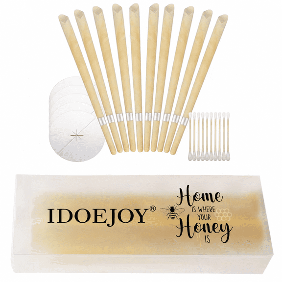 10 Pcs Golden Yellow Beeswax Ear Candles, Home Spa Atmosphere Kit with Storage Box, Protective Disks & Cotton Swabs