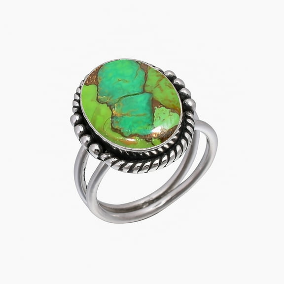 Copper Green Turquoise 925 Sterling Silver Ring, Adjustable Ring, Silver Jewelry Ring, Green Ring, Oval Ring, Dainty Ring, Handmade Ring, Gemstone Rin