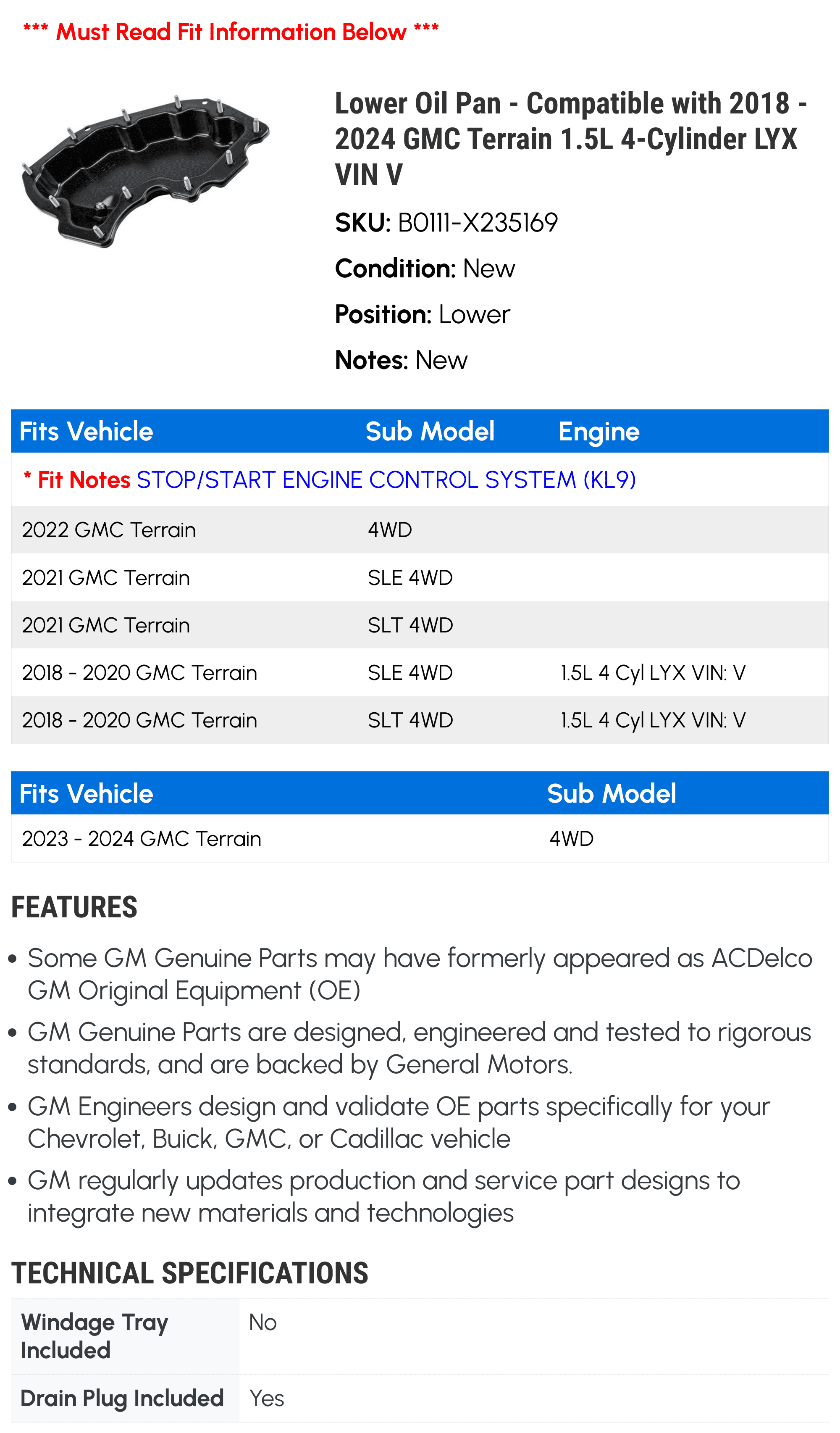 Lower Oil Pan - Compatible with 2018 - 2024 GMC Terrain 1.5L 4-Cylinder LYX VIN V - AC Delco