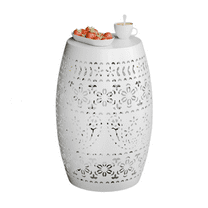 Hassch Indoor & Outdoor Metal Side Table with Hollw-Out Design, 9.4" Round End Table for Garden, Patio, Balcony, Living Room, White