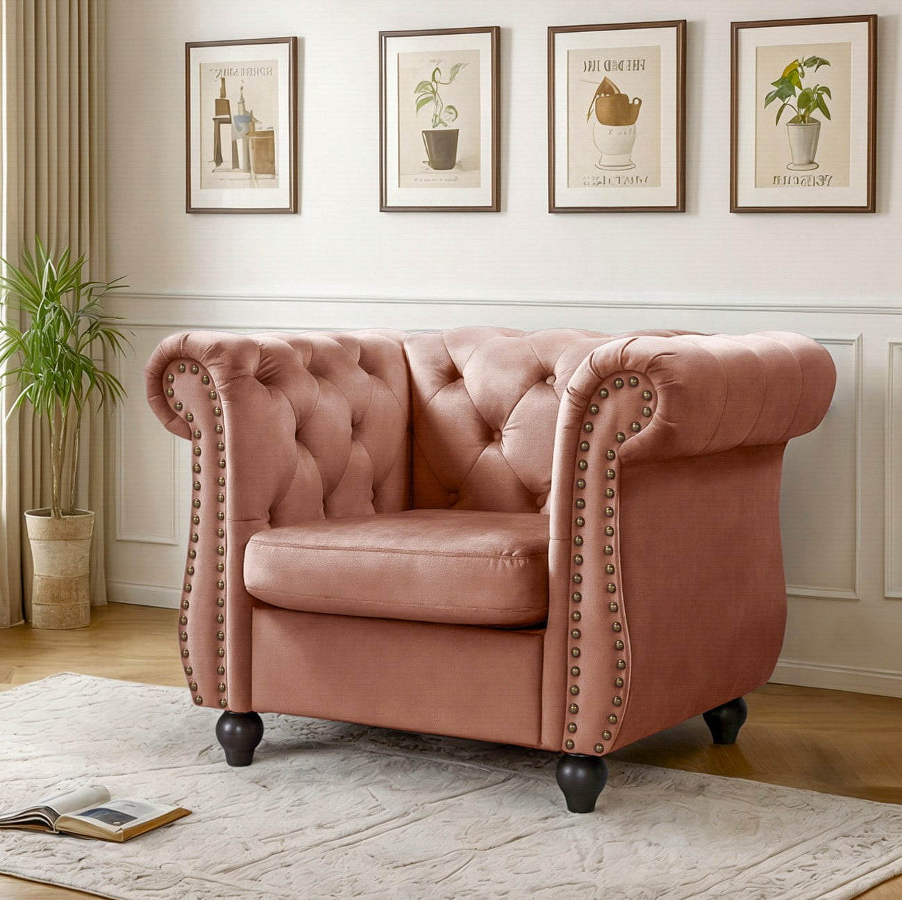US Pride Furniture Chester 40.55 in. Wide Rolled Arm Velvet Modern Straight living Room Chair, Rose