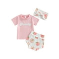 thumbnail image 3 of Pudcoco Ensemble Short Bébé Fille T-shirt Imprimé à Manches Courtes avec Short Imprimé Pêche et Bandeau Bowknot, 3 of 10