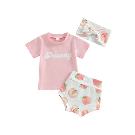 

Arvbitana 0-24 Months Infant Baby Girls Shorts Set Short Sleeve Letters Print T-shirt with Peach Print Shorts and Bowknot Hairband