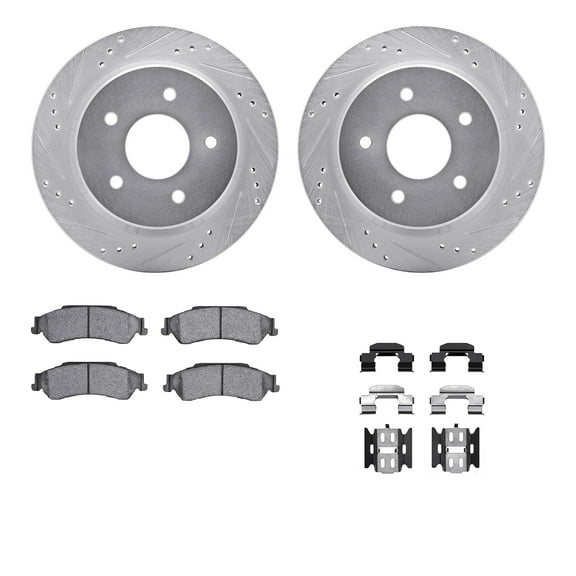 Dynamic Friction Company Rear Brake Rotors-Drilled and Slotted-Silver with Ultimate Duty Performance Brake Pads includes Hardware 7412-48021