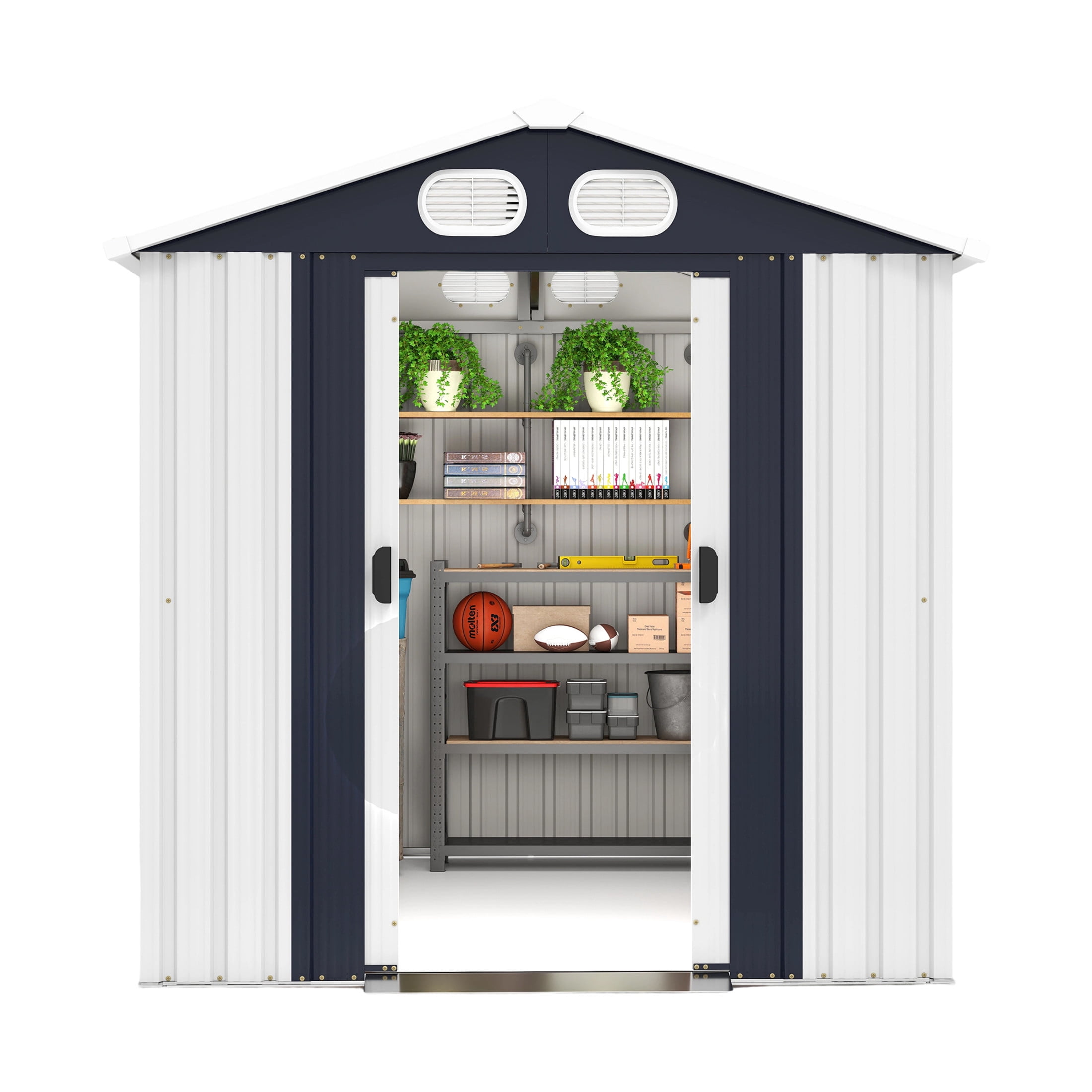 Noble House 8 x 6 FT Outdoor Metal Tool Storage Shed with Lockable Doors and Air Vents, Waterproof Garden Shed, White