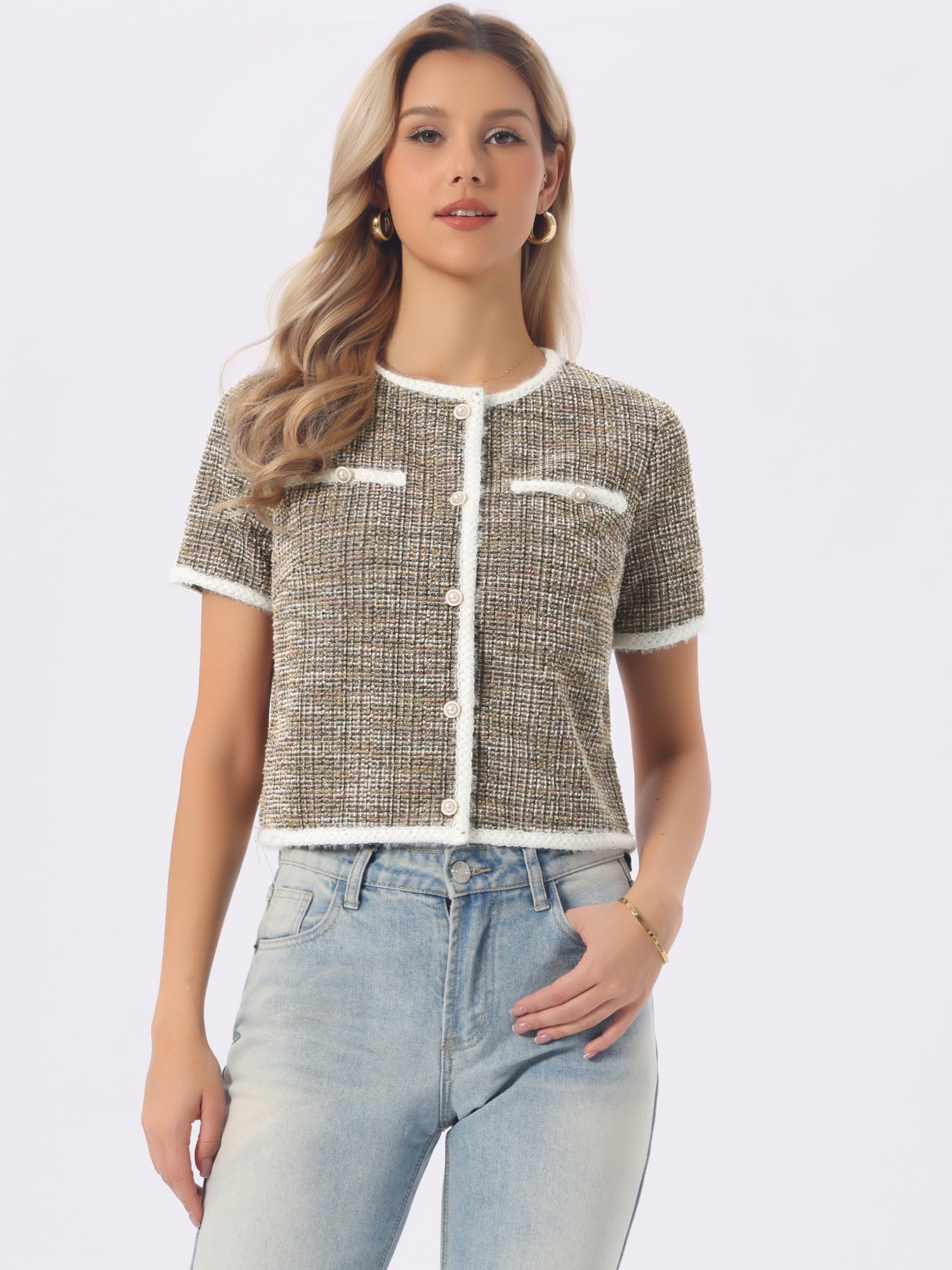 DARING DIVA Women's Short Sleeve Tweed Jacket Crew Neck Button Front Cropped Cardigan M Khaki Black