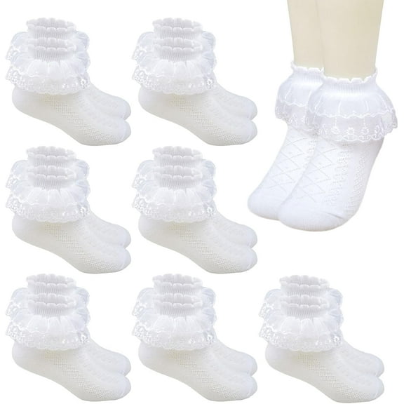 7 Pairs Girls Lace Ankle Socks Cotton Ruffled Trim Ankle School Socks Frilly Crew Socks Princess Cute Partywear Socks for Children Baby Girls