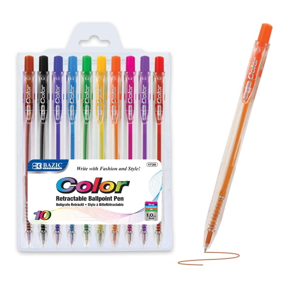 BAZIC Ballpoint Pen 10 Color Retractable Pens, 1.0 mm Bold Point Smooth Writing, for Office School Teacher (10/Pack), 1-Pack
