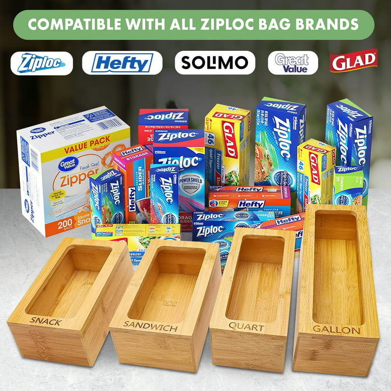 Ziplock Bag Storage Organizer - Wooden Baggie Organizer for Drawer, Fully Assembled - Quart, Snack, Gallon size, Sandwich Bag Holder - Plastic Bag