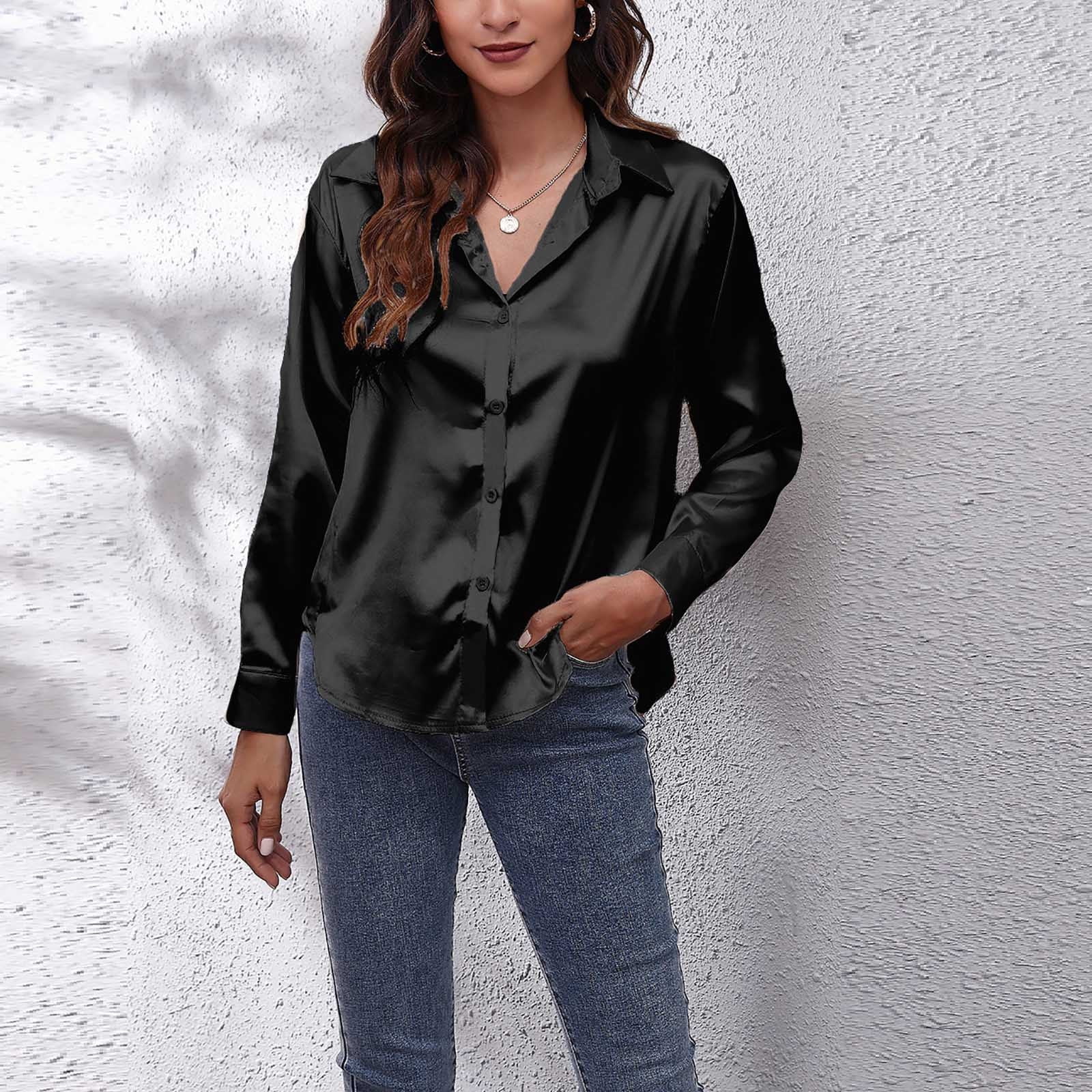 RXIRUCGD Trendy Casual Womens Long Sleeve Tops Clearance Items Women Satin Long Sleeve Button Down Shirt Casual Office Work Blouse Tops Going Out Holiday T Shirt Womens Tops Walmart