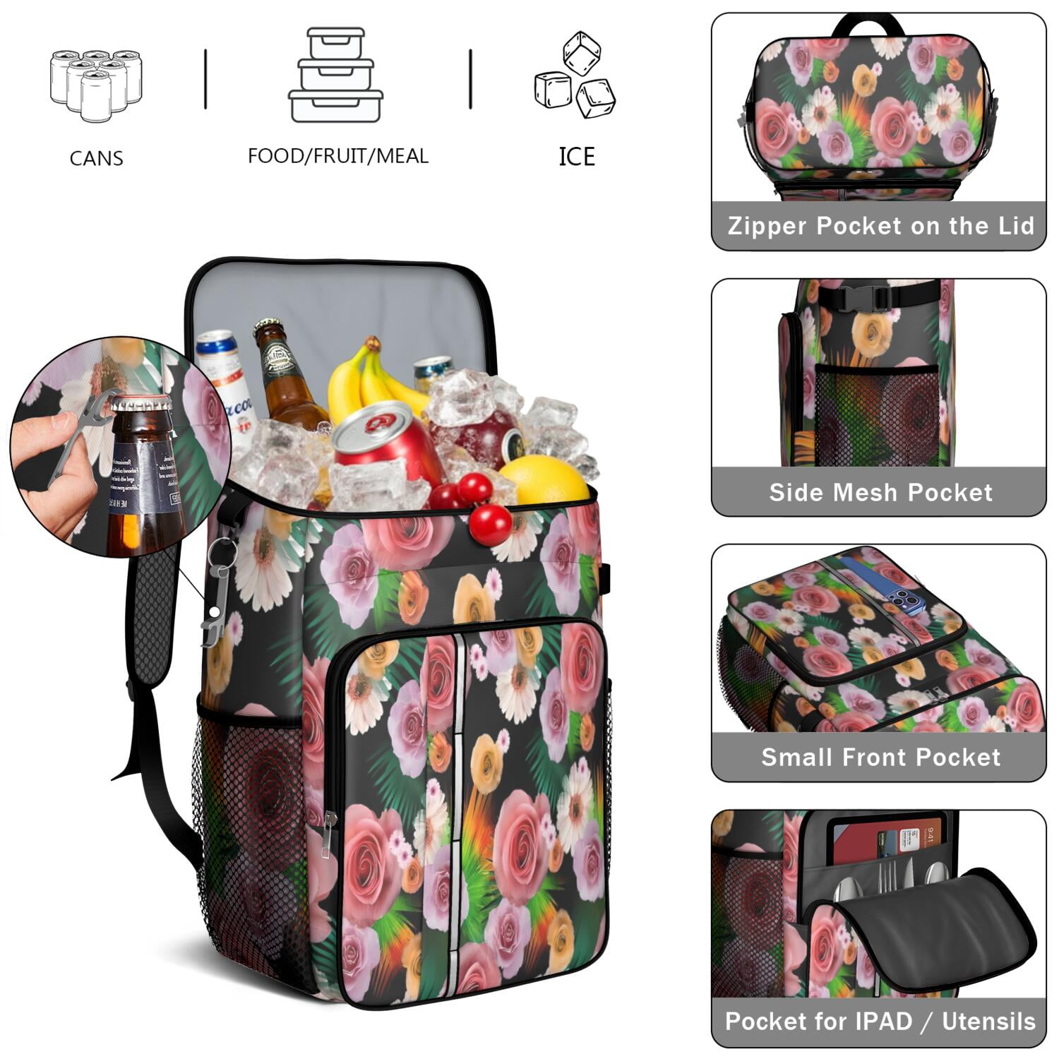 Travel Cooler Bag - Pioneer Flower Floral Print Pattern Camping Beer Cooler Backpack with Bottle Opener- Waterproof Insulated Picnic Backpacks - Cooler Bag for Beach
