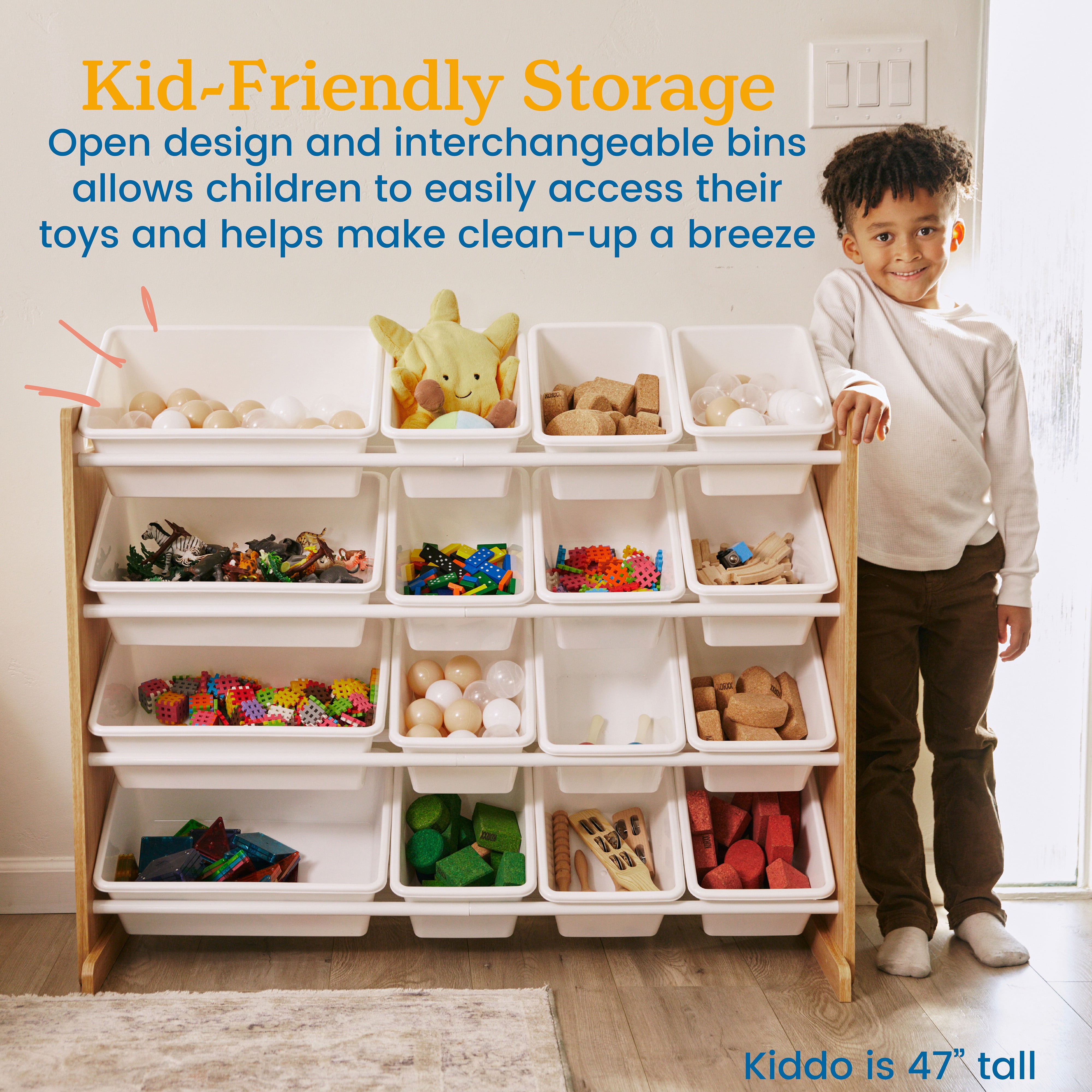 ECR4Kids 4-Tier Organizer with 16 Removable Plastic Bins, 4x4, Toy Storage, Dark Natural/White