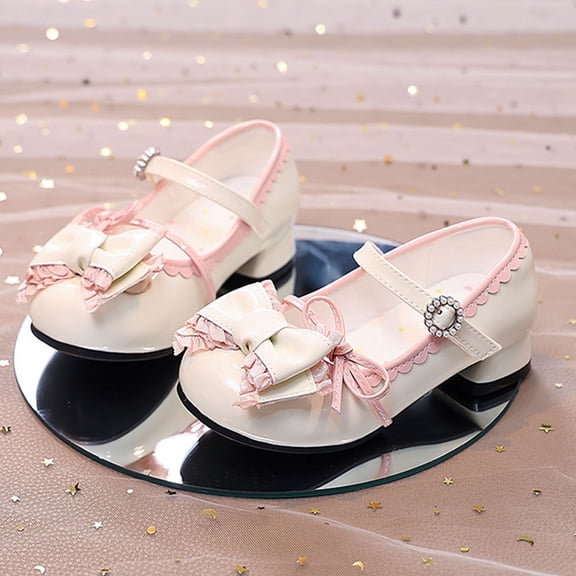 ZunFeo Girls Mary Jane Dress Shoes Princess Party Beige Bow & Rhinestone Buckle Scalloped Edge Low Chunky Heel Kids Little Kid Big Kid (9.5-4.5),Size 1 M