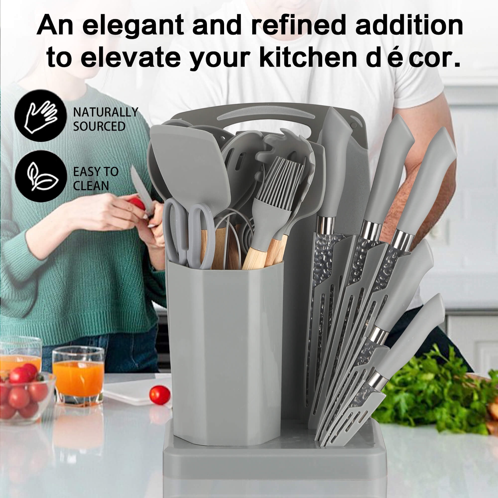 HEESEM 23 PCS Silicone Utensils Kitchenware Set with Removable Knife Cover, Non-Stick Heat Resistan Tools-Gray