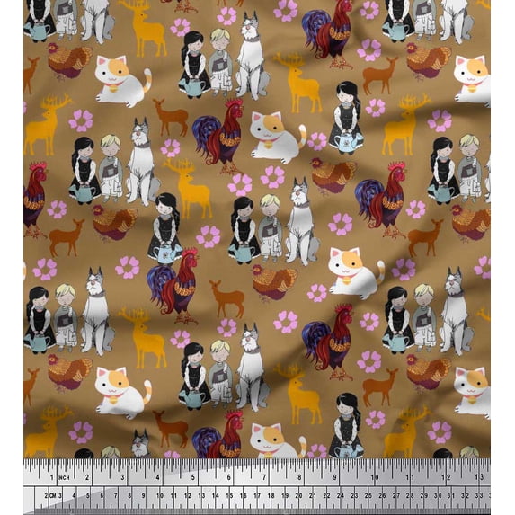 Soimoi Japan Crepe Satin Fabric Reindeer,Hen & Cock Bird Print Sewing Fabric Yard 42 Inch Wide