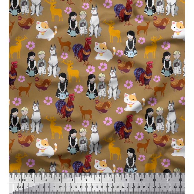 Soimoi Moss Georgette Fabric Reindeer,Hen & Cock Bird Print Fabric by The Yard 42 Inch Wide