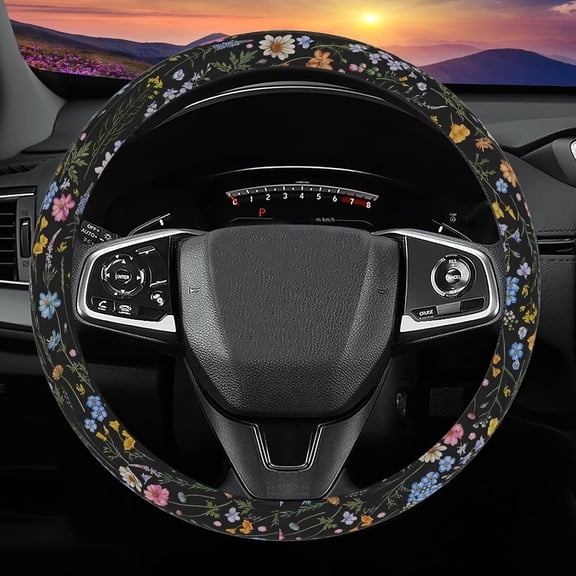 RIONIMA Wildflower Steering Wheel Cover,Flower Car Accessory for Diverse Cars,Steering Wheel Cover Non-Slip Breathable Fabric Absorbing Sweat Universal Car Accessories 14.5–15 Inch