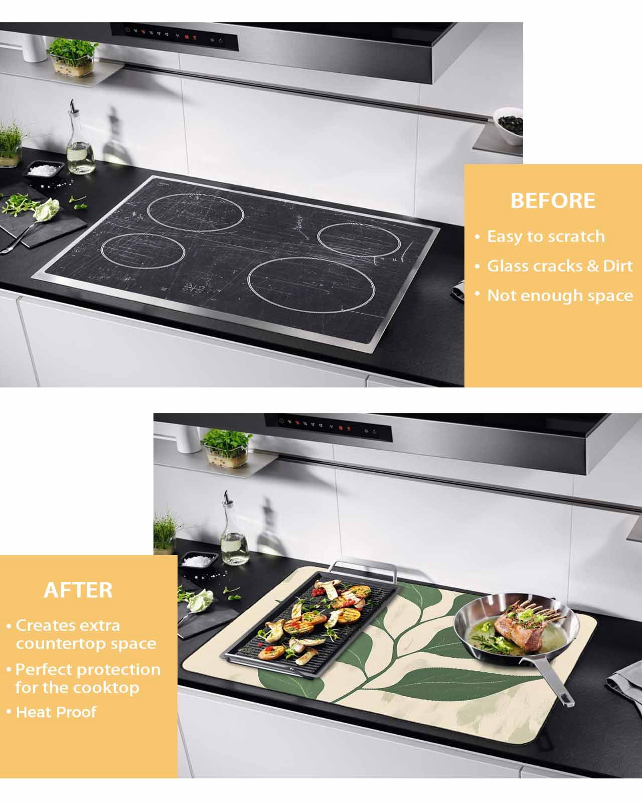 nqOlkjepod Large Induction Cooktop Protector Mat 24"x21", Green Botanical Stove Top Covers for Electric Stove, Tropical Leaves Vintage Decorative Stove Burner Cover Mats, Glass Top Stove Cover
