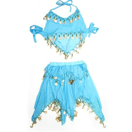TopTie Kid's Belly Dance Tribal Halter Top & Skirt, Halloween Costumes-Lake Blue-M