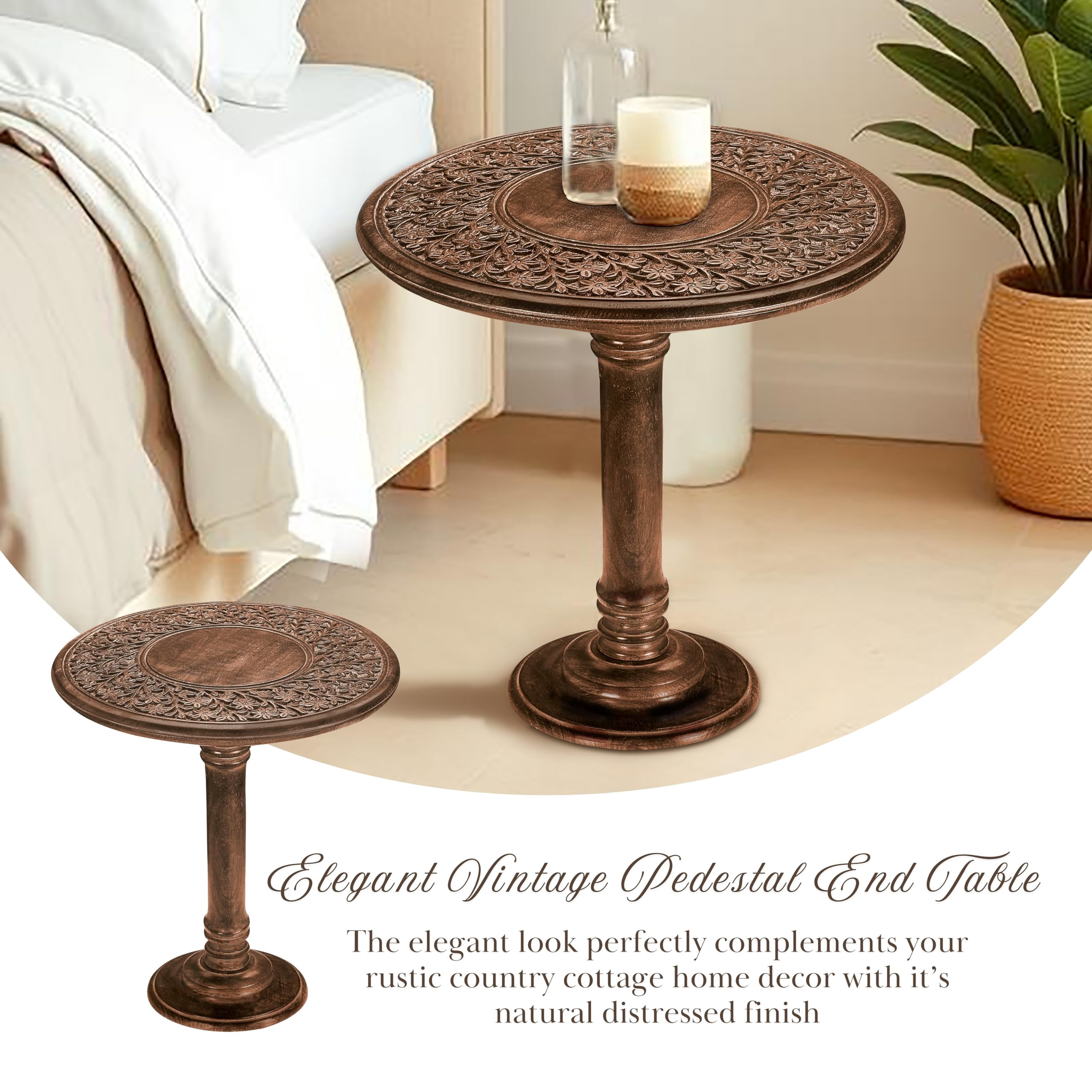 Hand-Carved Wooden End Table with Burnt Finish, 18 x 22 inch Side Table for Living Room & Bedroom Nightstand