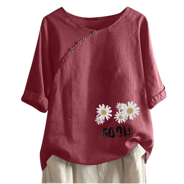 Blusas de Manga Corta para las Mujeres Impresas Cuello Redondo Camiseta Casual, Blusa de Algodón de Imitación para las Mujeres