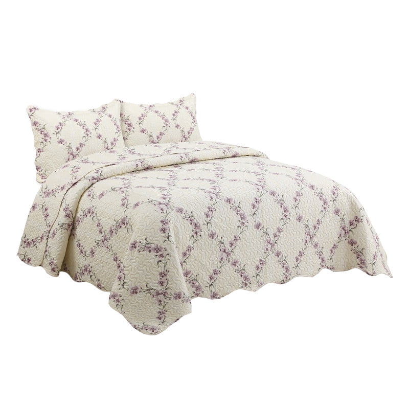 Marina Decoration Rich Printed Embossed Pinsonic Coverlet Bedspread Ultra Soft Home Bedding 3 Piece Summer Quilt Set with 2 Embossed Shams, Purple Orchid Cream Pattern King Size