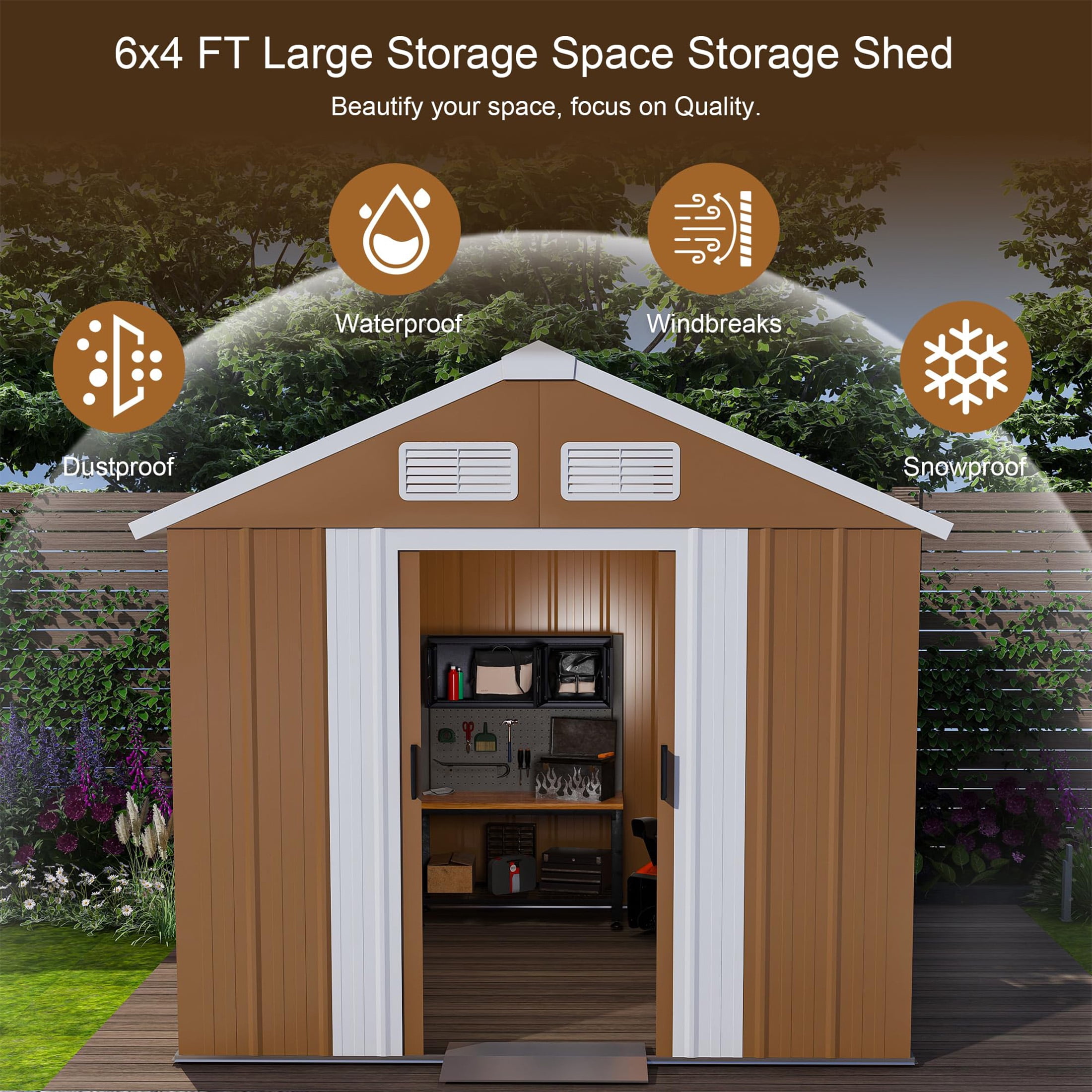 6*4 FT Outdoor Storage Shed with Windows, Metal Garden Tool Shed with Lockable Door & Ventilation, outside storage for Backyard, Lawn, Patio,Yard, bike,Brown