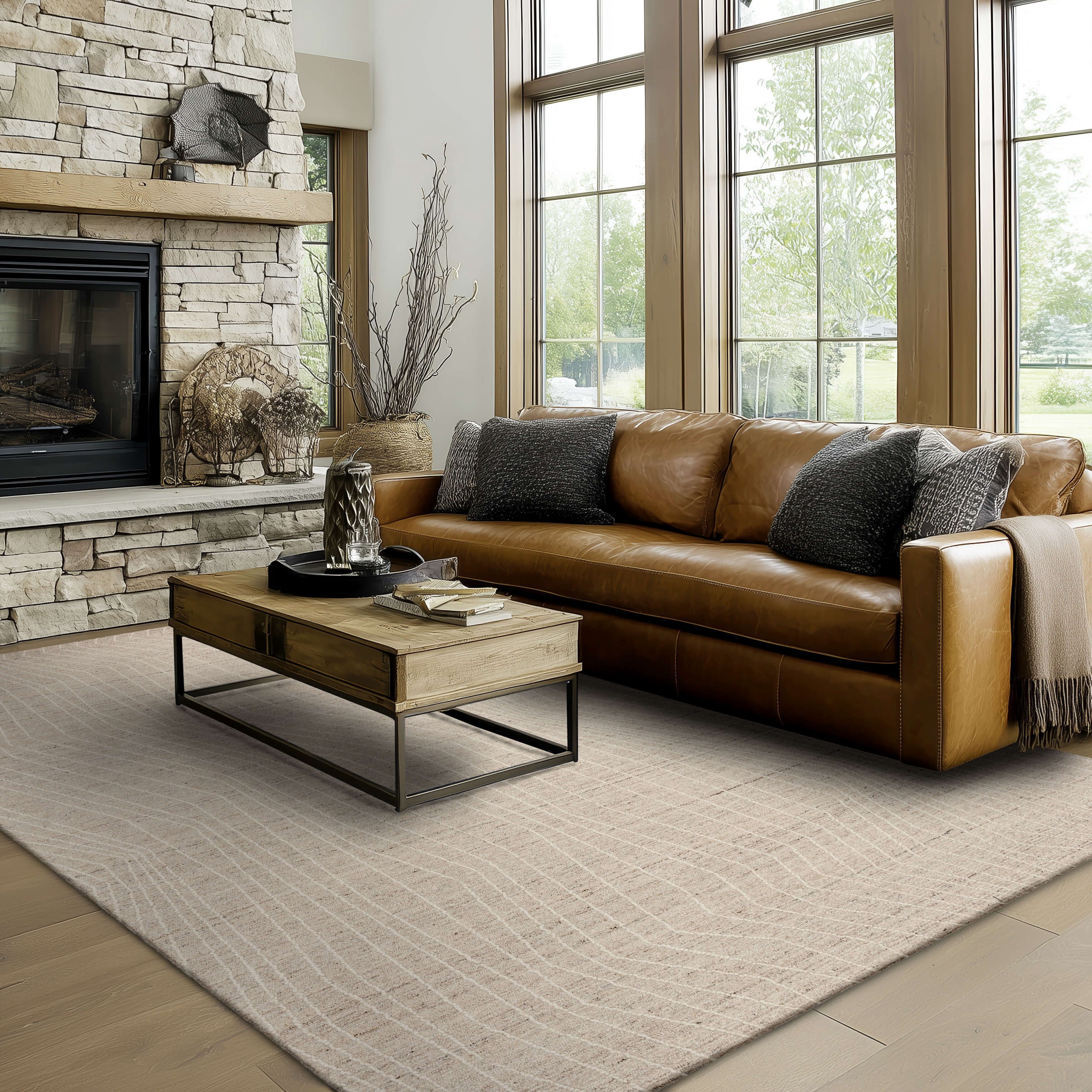 Mainstays Wool Lines Plush Indoor Fade Resistant Tufted Area Rug, Ivory, 8' x 10'