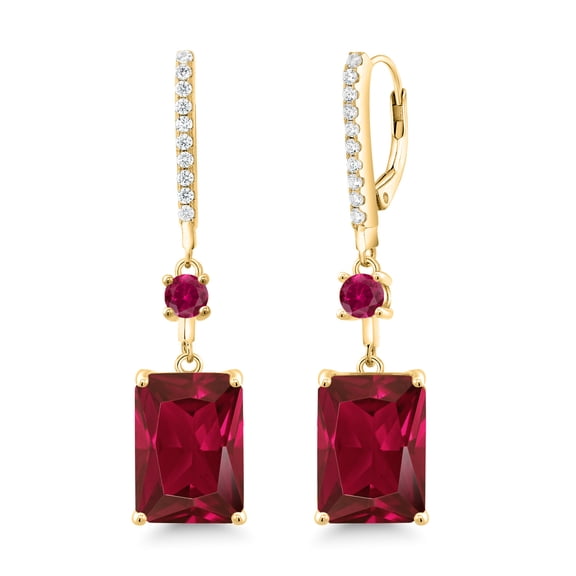Gem Stone King Red Created Ruby Drop Dangle Earrings for Women | 10.80 Cttw | 14X10MM Emerald Cut | 18K Yellow Gold Plated Silver | Gold Earrings for Women