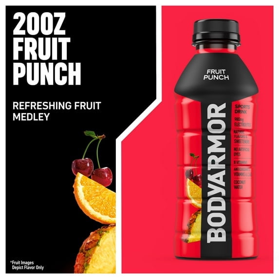 BODYARMOR Fruit Punch Electrolyte Sports Drink, 20 fl oz, 6 Pack Bottles ( 2 Box of 6 Bottles )