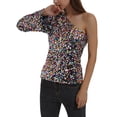 thumbnail image 3 of Women's Sparkly Sequin Party Tops Long Sleeve One Shoulder Top Blouse Shirts, Multicolored, Medium, 3 of 5