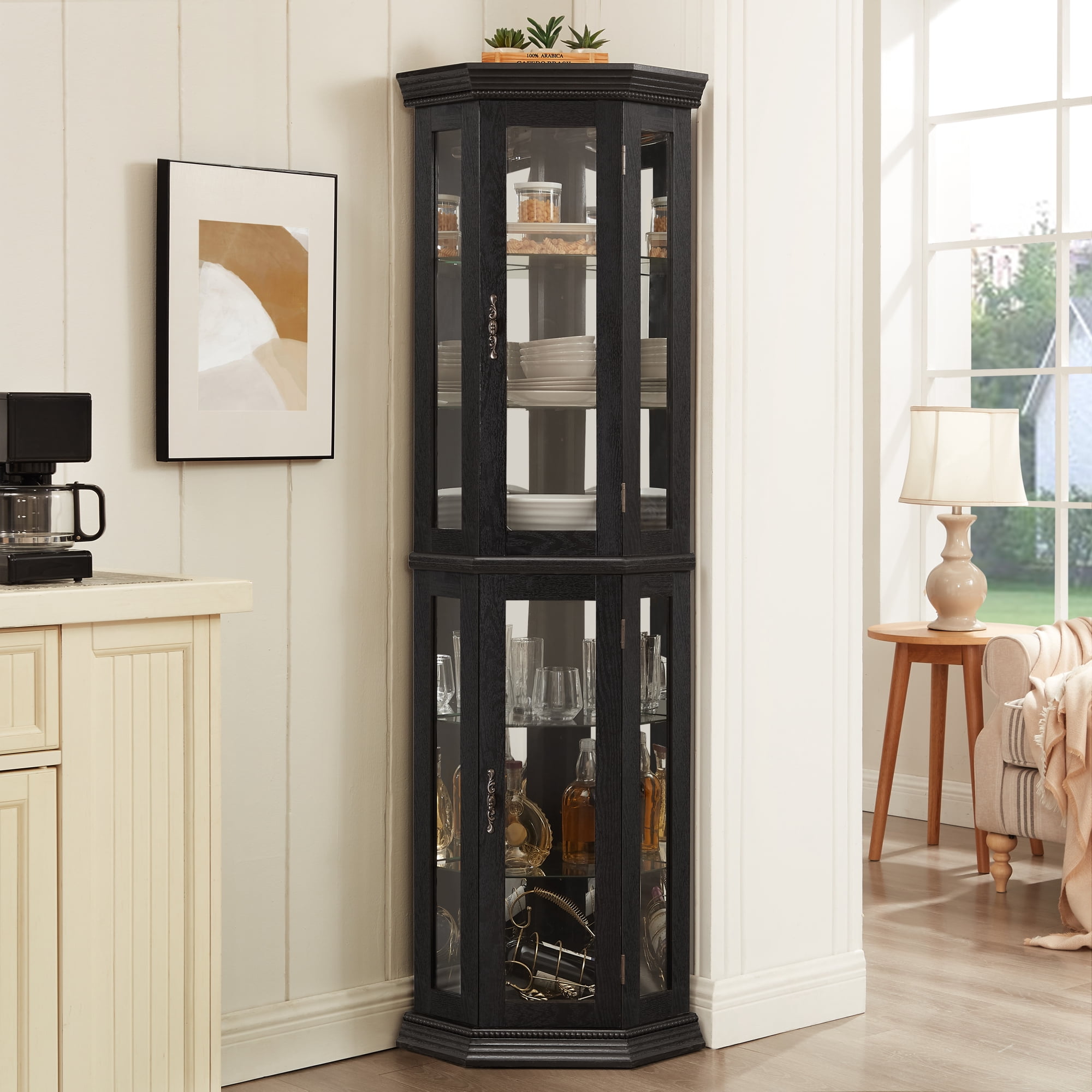 Leumius Corner Curio Display Cabinet, Glass Display Shelf Shelving Bar Cabinet with Tempered Glass Door, Bar Cabinet,Cabinet with Adjustable Shelf Glass Cabinet Shelves for Home Decor Black