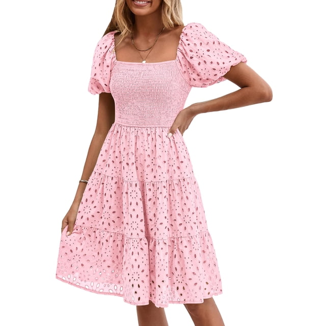 Vestido PRETTYGARDEN para mujer, de verano, mangas abullonadas, con ojales, rosa