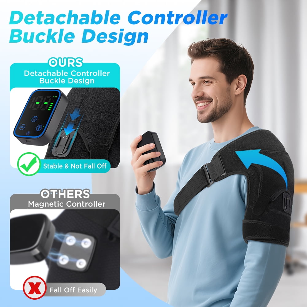 Heated Shoulder Brace Wrap, Cordless Shoulder Heating Pad Massager with Vibration, App Control Detachable Controller, 7 Heat 15-60 Timers, Electric Shoulder Massage for Shoulder Relief Arm Support