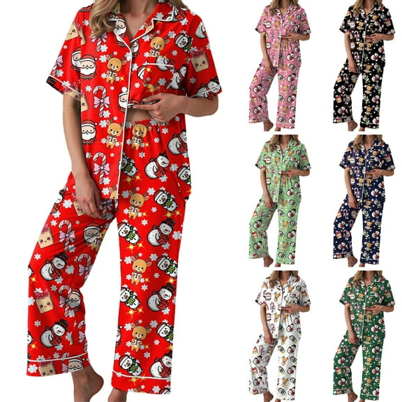 TTUHYWXI Women Christmas Lounge Pajama Set Satin Long Sleeve Button Down Shirt Pants Set 2 Piece Santa Print Pjs Outfits (White, XXL)
