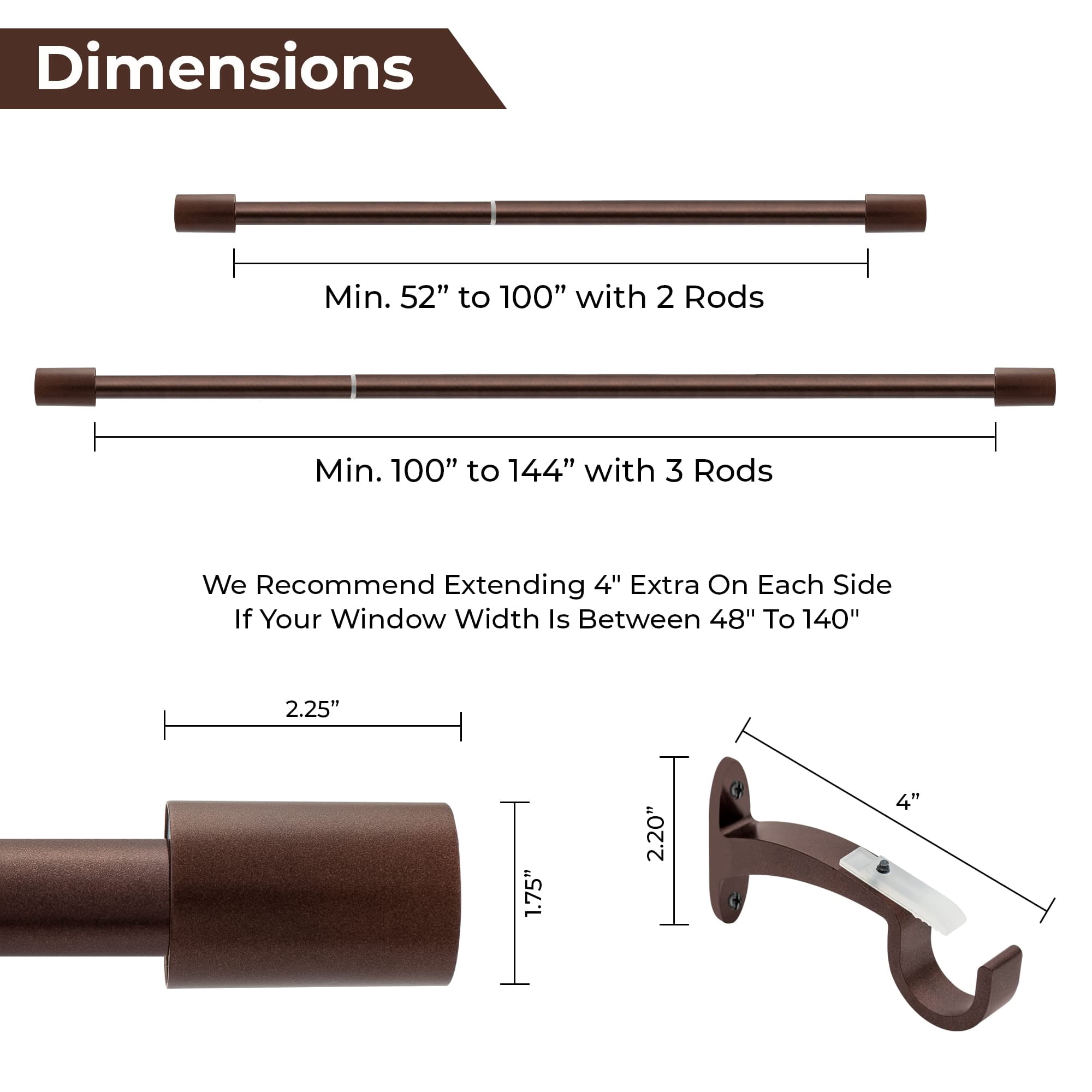 Deco Window Modern 1" Diameter Powder Coated Barrel Finial Adjustable Single Curtain Rod, 52 in - 144 in