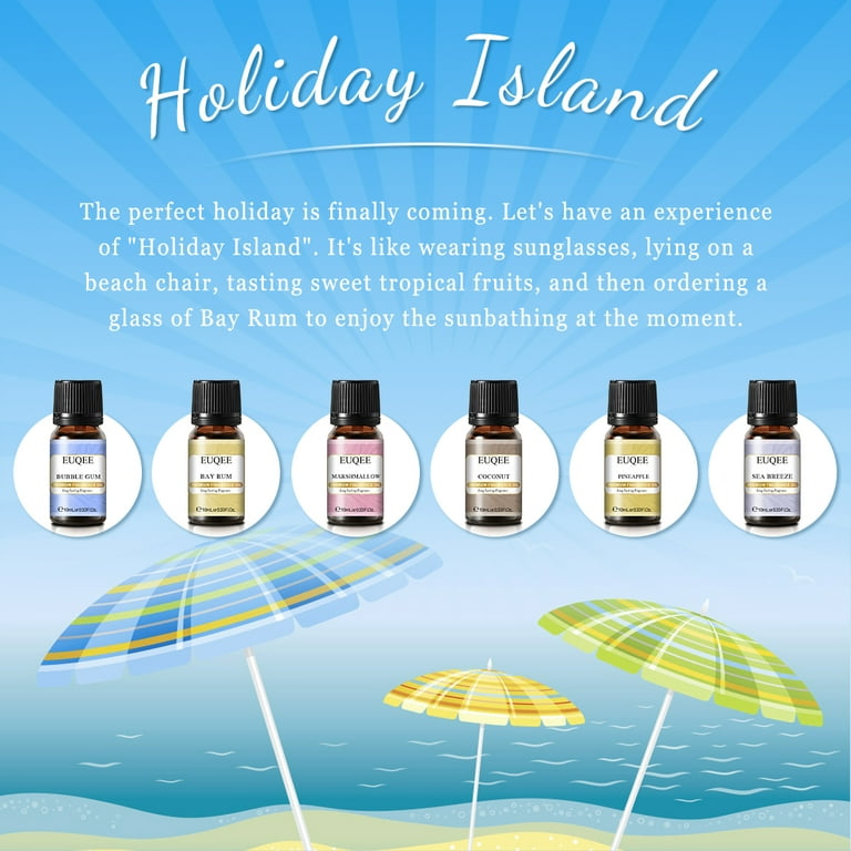 EUQEE Holiday Island Essential Oils Gift Set of 6 Summer Fragrance  Essential Oils Set for Humidifier, Aromarathepy - 10ml - Pineapple,  Coconut, Sea Breeze, Bubble Gum, Bay Rum, Marshmallow 