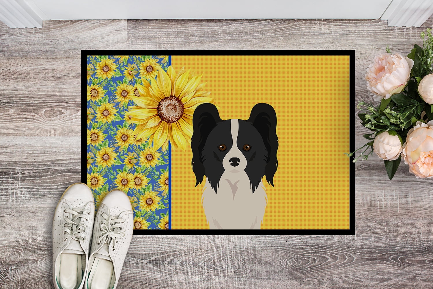 Carolines Treasures WDK5449JMAT 24 x 36 in. Summer Sunflowers Black & White Papillon Indoor or Outdoor Mat