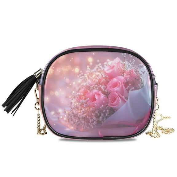 Womens Casual Chain Shoulder Bag Simple style Pink Roses Bouquet with Lights Crossbody Bag