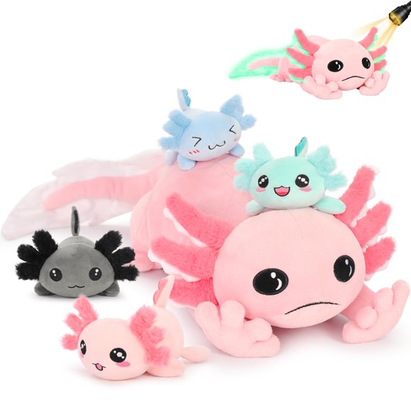 MaoGoLan 5 Pcs Axolotl Plush Stuffed Animal with 4 Babies Axolotl Toys Inside for Girls,Giant Luminous Axolotl Plush Family for Axolotl Lovers,Soft Long Stuffed Axolotl