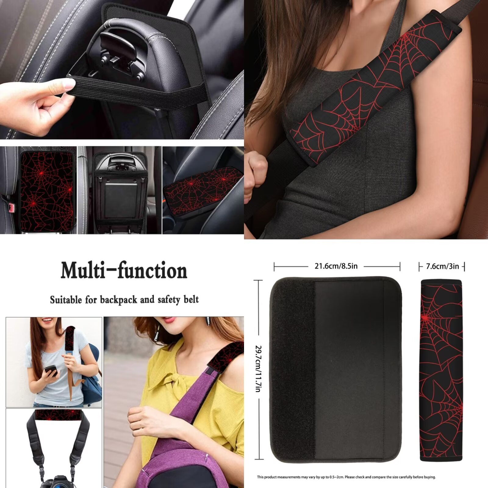 Garronmavis Red Spider Web Car Accessories Set of 13 Pieces Including Front and Rear Seat Covers Armrest Pad Steering Wheel Cover Seat Belt Cover Keychain Lipstick Cover Coasters