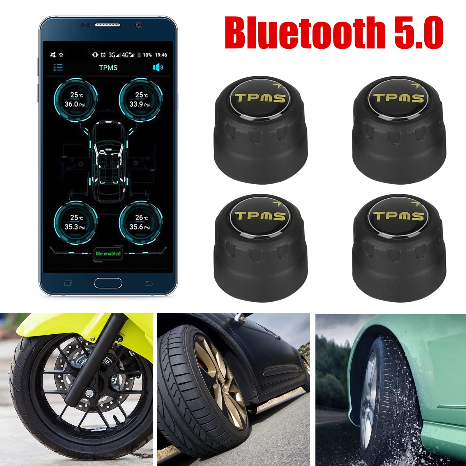 Car TPMS Tire Pressure Monitoring System Waterproof 4 Alarm Sensors For Androids 