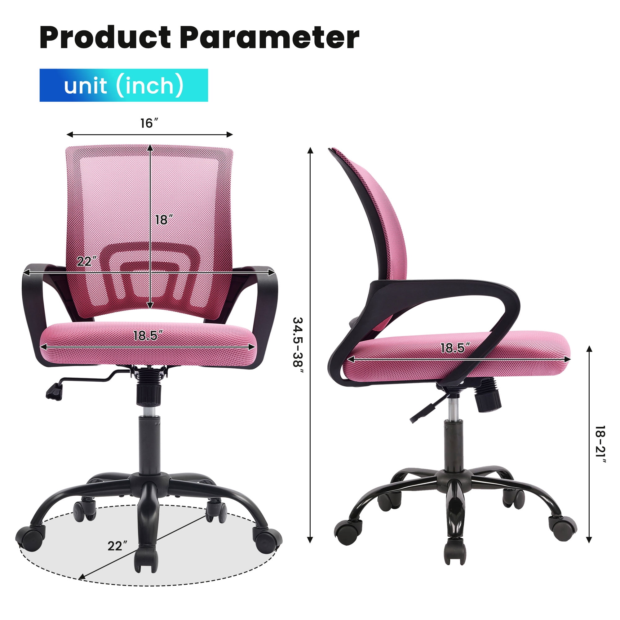 JONPONY Ergonomic Office Chair，Swivel Desk Chair with Lumbar Support, Adjustable Height with Armrests for Adults,Pink