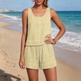 thumbnail image 5 of Costeam Womens Linen Blend Contrast Stitch Two Piece Outfit Sleeveless Scoop Neck Crop Tank Drawstring Elastic Waist Shorts Dual Side Pockets Loose Fit Summer Co Ord Set, 5 of 9