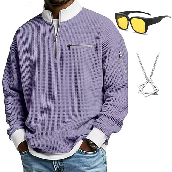 2026 Men's Casual Fashion up Collar Contrasting Zipper Sweatshirt, Men's Loose and Simple Waffle Half-Zip No Hood
